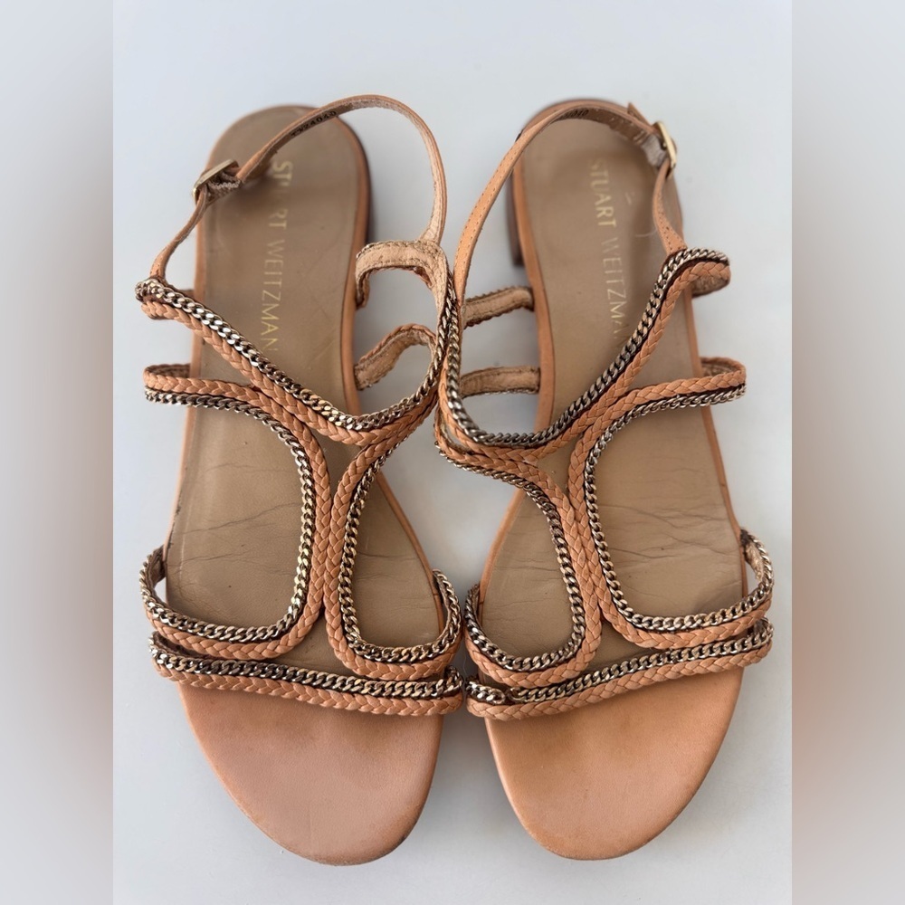 Stuart Weitzman Samoa Gold Chain Nude Braided Strappy Leather Flat Sandals *Flaw
